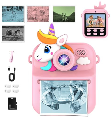 AILRINNI Kids Camera Instant Print 3-Color Print 1080P Kids Digital Camera | for Toddler with 180°Flip | with Protective Case | 32GB Card | 3 Rolls Photo Paper | 4 Color Pens | 5 Games