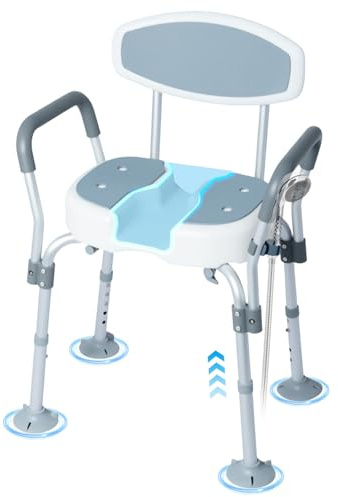 Bostar Silla Ducha Personas Mayores Antideslizante con Respaldo y Reposabrazos/Diseño Forma de U, Regulable 5 Alturas 44,5-55 cm Taburete Baño para Bañera y Ducha, MAX. 136 kg