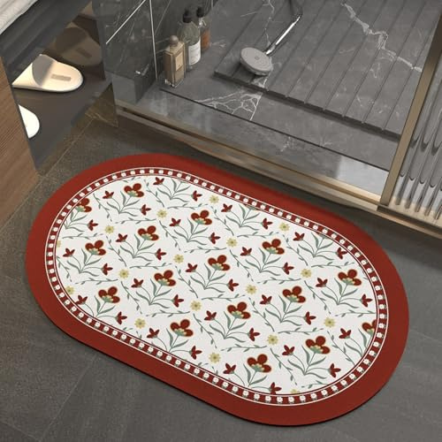 Tapis De Bain Diatomite 40X60Cm Fleur Rouge Tapis De Douche Antidérapant Séchage Rapide,Tapis Salle De Bain Absorbant,Stone Bath Mat,Doux Microfibre