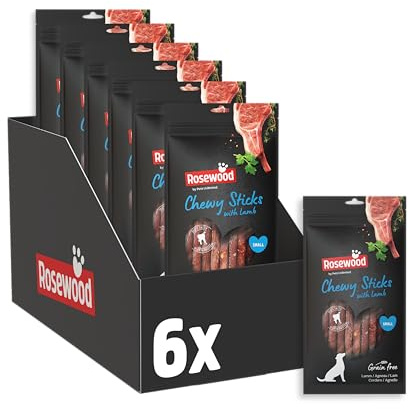 Rosewood Chewy Sticks Agnello Small - Bastoncini da masticare per cani con agnello e pelle di manzo, favorisce la cura dei denti, senza glutine, cereali, additivi artificiali, confezione da 6 (6x72 g)