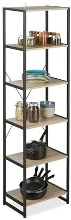 LOKLNEYK Standregal Industrial 6 Etagen, Bücherregal Metall mit Sonoma Eiche Ablagen, Aufbewahrungsregal für Wohnzimmer, Küche Büro Badezimmer, Modernes Regal Schwarz/Braun, Wandregal