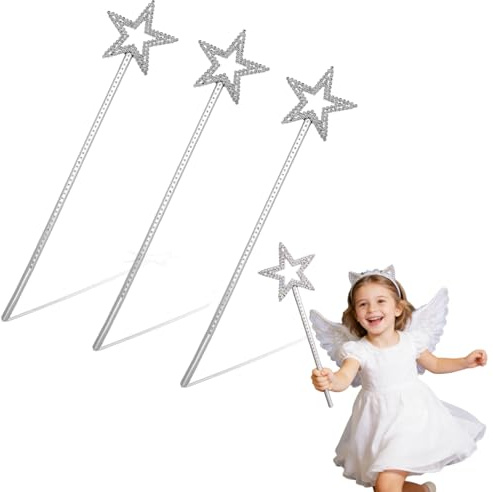YCZARD 3 bacchette magiche argentate da 34 cm, bacchetta magica per bambini, bacchetta magica per principessa, glitter argentati, accessori da principessa, accessori per principesse