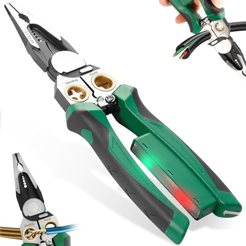 8 en 1 Pelacables con Probador Voltaje, Alicates Eléctricos Multifuncionales, Pinzas Pelar Profesional, Herramienta Electricista Multifunción para Cortar, Crimpar, Tirar, Engarzar (Verde)