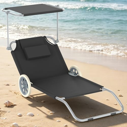 Verdego Strandliege mit Rollen und Sonnendach, Sonnenliege Liegestuhl Klappbar, Gartenliege, Sitzhöhe 15 cm, Rückenlehne Verstellbar, Stahlgestell, Trolleyfunktion, bis 100 kg Belastbar, Schwarz