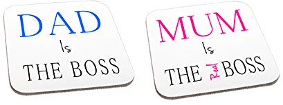 Dad is The Boss Mum is The Real Boss Wooden Twin Gift Coaster Set Christmas Anniversary Present