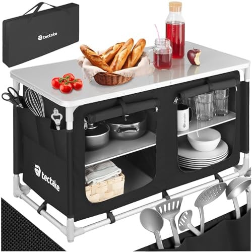 TecTake® Cocina de Camping Plegable, Ligera, con Bolsa de Transporte, Accesorios de Cocina, Mesa Plegable Camping, Armario Cocina Camping, Mueble Cocina Camping, Mesa de Camping - Negro