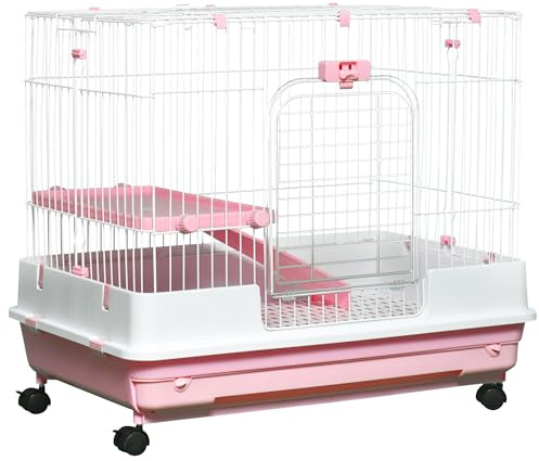PawHut 2-Level Small Animal Cage Rabbit Hutch with Wheels, Removable Tray, Platform and Ramp for Bunny, Chinchillas, Ferret, Pink