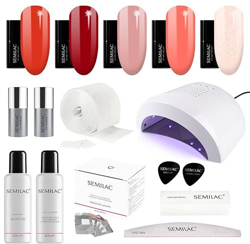 Semilac XXL Starter Set Kit with 48/24W UV LED Lamp 3 x Gel Polish Colour, Base, Top, , Acetone, Cleaner, Remover Wraps, Cotton Pads Gentle to your nails