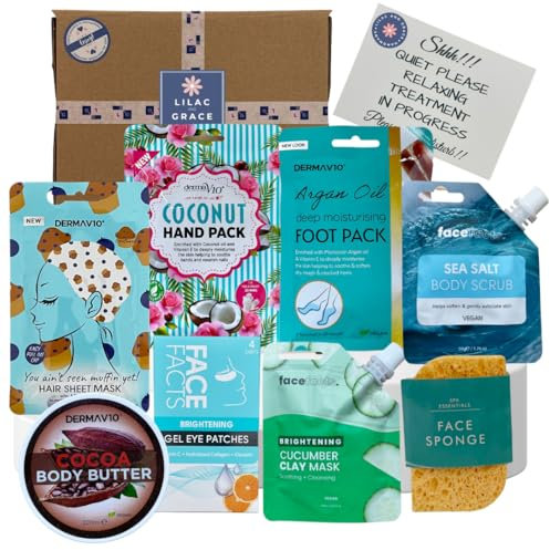 Boîte de relaxation de la tête aux pieds, masque pour le visage, peeling des pieds, paquet de mains, masque pour les yeux, kit beurre, bougie, produit végétalien et prêt à offrir.