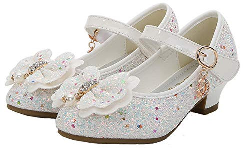 YOSICIL Mädchen Prinzessin Schuhe ELSA Schuhe mit Absatz Anhänger Kristall Schuhe Partei Glitzer Pumps Festliche Schuhe Karneval Party Aufführung Fasching Kostüm Zubehör Schuhe,Weiß,37