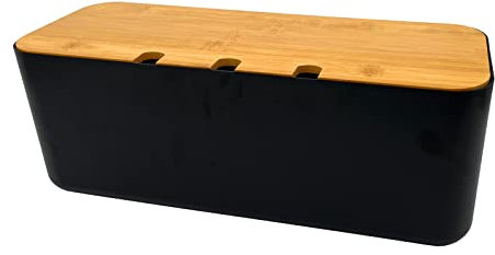 Kabelbox Steckdosenbox Kabelsammler Aufbewahrungsbox für Kabelführungs Ladekabel, ABS Kunststoff mit Belüftung, hölzerne Textur Organizer 36 x 13.5 x 13 cm (Schwarz L)