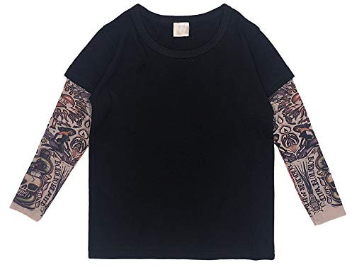 Yyyuluo T-Shirts Tattoo-Ärmel Kind - Kinder Langarm Oberteile Mesh Tattoos Druck Kleidung Baby T-Shirt Jungen Rundkragen Oberteil Lässig Outfit Hip Hop Tops Schwarz 6-7 Jahre