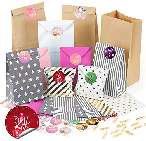 Sprinlot Adventskalender zum Befüllen Tüten, 26 Adventskalender Papiertüten mit Zahlen Aufkleber, DIY Weihnachtskalender Füllung, Adventskalender Selber Basteln, Geschenktüten Weihnachten
