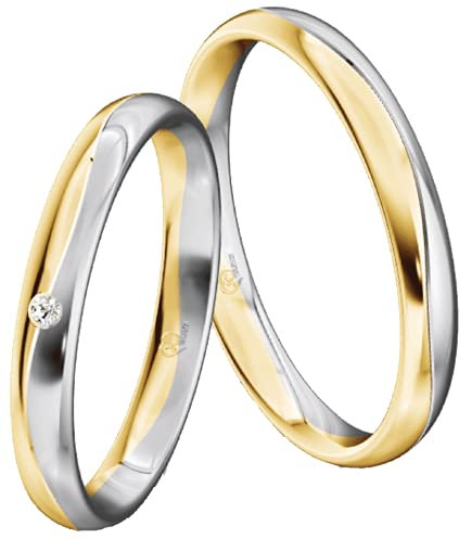 JC Trauringe Gold 333 Gold Paarpreis Poliert I Traumhafte Eheringe 3,0 mm I Partnerringe Gelb-& Weißgold mit Gravur in edler Schatulle I 2 Hochzeitsringe Herrenring & Damenring mit Stein I ICT04
