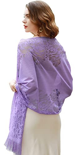 RIIQIICHY Foulard Stola Sciarpa da sposa con scialle da sposa in pashmina Viola da donna in pizzo floreale con frange