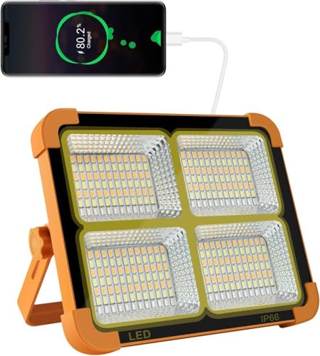 CosyEasy Projecteur LED Rechargeable 100W 10000LM, Lumière de Travail Lanterne Portable avec Panneau Solaire, 16500mAh USB Lampe Rechargeable, pour Camping, Chantier, Garage, Atelier (A) D8