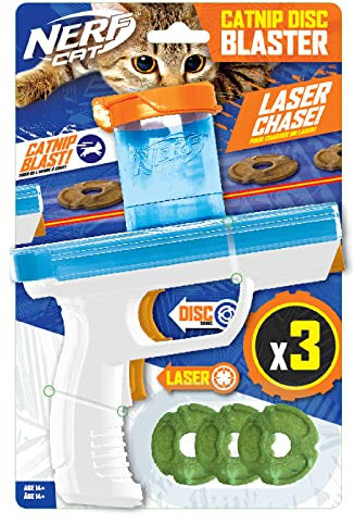 Nerf Cat Catnip Blaster with 3 Discs and Laser Pointer, 7.88-Inch Interactive Toy for Cats, White/Blue/Orange