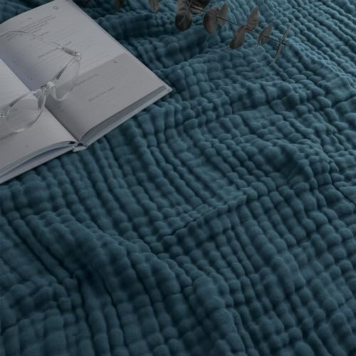 Musselin-Decke für Erwachsene, extra großer Überwurf, 127 x 152 cm, 6-lagig, kühlende Baumwolle, weich, atmungsaktiv, warm, Überwurf für Schlafzimmer, Wohnzimmer, Couch (Neptun, Überwurf – Musselin)