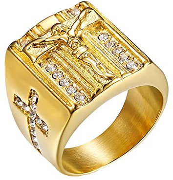 Homxi Herren Ring Edelstahl Gravur,Kreuz mit Jesus 19MM Zirkonia Fingerringe Herren Gold Ring für Herren Gr.60 (19.1)