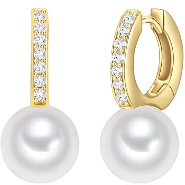 Rafaela Donata Damen Creolen aus 925/- Sterling Silber gelbvergoldet mit Rund Muschelkernperle 10 mm und Zirkonia weiß - Perlencreole Perlenohrhänger