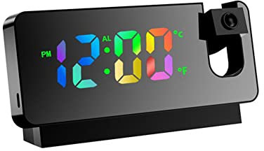 Projektion Wecker, LED Wecker Nachttisch mit FM Radio Digitaluhr,Digitalanzeige und -dimmer, Doppelalarme, USB-Anschluss, Snooze, Temperaturanzeige, 12/24h, für Schlafzimmer, Decke, Wand, Haus