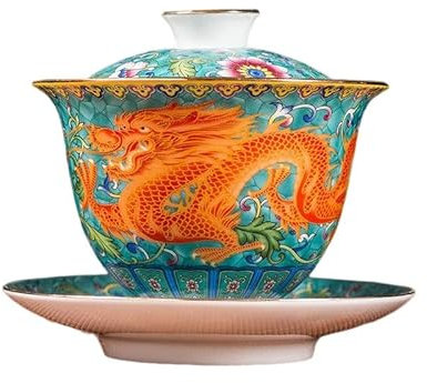 HonHeam Dragon Weiß Porzellan Gaiwan, Chinesisch geprägter Drachen-Stil Weiß Ceamic Gaiwan, Kung Fu Teeschale Traditionelle Teetasse (Blue Dargon)