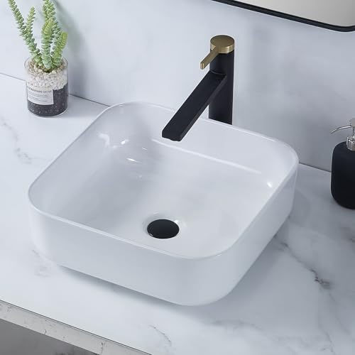 VAPSINT - Lavabo cuadrado de 15 x 15 pulgadas, lavabo de baño sobre encimera de cerámica blanca de porcelana, lavabo pequeño