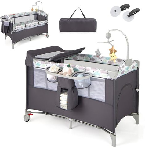 DREAMADE 120 x 60cm Beistellbett Baby mit Rollen, 4 in 1 Reisebett mit Matratze, Babybett Faltbar als Wickeltisch & Laufgitter, Kinderreisebett Baby ab Geburt (Grau)