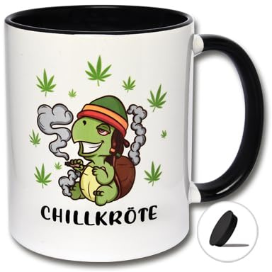 Lustige Tasse mit Deckel CHILLKRÖTE Marihuana Cannabis Kaffeetasse Schildkröte Spruchtasse Kiffer (A: Schwarz-Weiße Tasse inkl. schwarzem Tassendeckel)