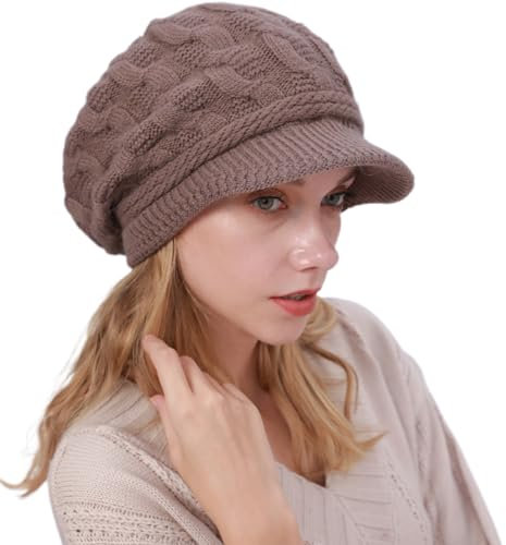 DURINM Warme Winter mütze Fleece Mütze Schirm Visor Wintermütze Damen Warme Gefütterte Wintermützegestrickte Schirmmütze Baseballmütze mit Weiches Dickes Fleecefutter (Khaki)