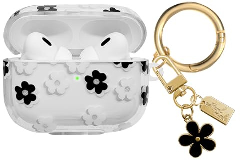 AIIEKZ Kompatibel mit AirPods Pro 2 2022, weiche TPU-Hülle mit süßem Blumenmuster für AirPods Pro 2./1. Generation Hülle mit Blumen-Schlüsselanhänger und Karabiner für Mädchen Frauen (Schwarz)