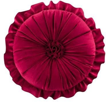Rundes Kissen, Samt, gerüscht, Blumenkissen, Bodenkissen, Heimdekoration, Kissen für Sofa, Stuhl, Bett, Wohnzimmer, 35 x 35 cm, Rot