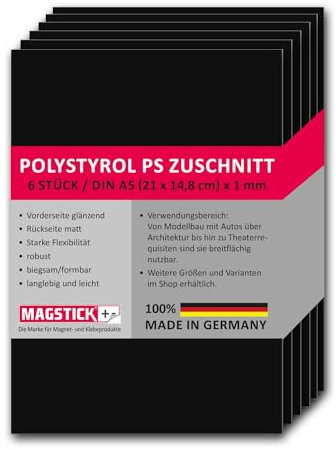 Magstick 6er Set Polystyrol Platten schwarz I DIN A5 Kunststoff-Hartplatten PS Zuschnitte I 14,8 x 21 cm I Modellbau Architektur I mag273
