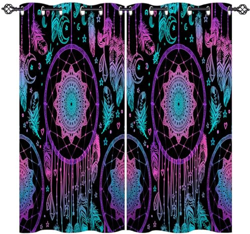 ANHOPE Boho Traumfänger Feder Mond Vorhänge mit Ösen Blickdichte Gardinen Thermo Vorhang Blackout Curtain Schlafzimmer Wohnzimmer Weich Verdunklungsvorhänge 2er Set H 138 x B 117 cm