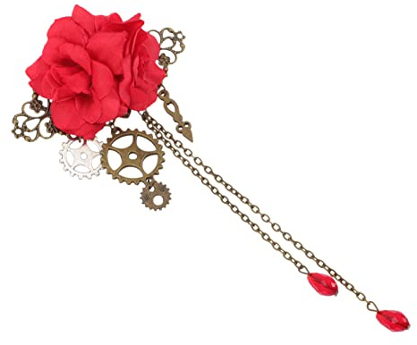 Gothische Haarspange mit Rose und Zahnrad, 17x8x5 CM | Cosplay, Funkelnde Kristalle, 1 Stück, Legierung und Polyester, Partys, Steampunk Looks
