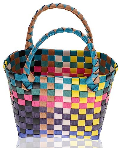 Garneck Gewebte Einkaufstasche Aus Kunststoff Einkaufskorb Mit Griff Bunter Obst- Und Gemüsehalter Marktkorb Für Sommer-Strandpicknick Bunt