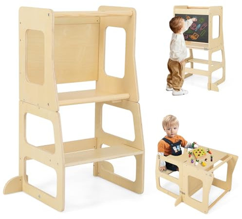 RELAX4LIFE 3 in 1 Torre Montessoriana per Bambini, Torre di Apprendimento Pieghevole, Learning Tower con Lavagna, Convertibile in Tavolo+Sedia per Bambini 12+ Mesi
