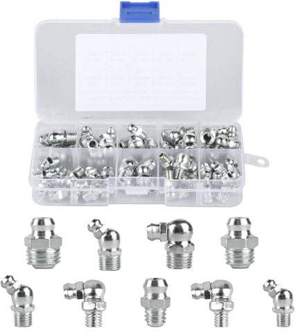 Xujinsongg Lot de 60 Graisseurs Assortiment Kit, Pivots graissés, Points de Graisse pour Pompe à Graisse, Droit Angulaire 45° 90° 180° Hydraulique Graisseur M6 M8 M10 pour Pompes à Graisse