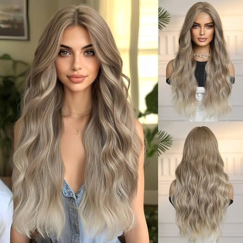 OUFEI Long Wavy Ombre Hellbraun Perücke für Frauen Große Kopfhaut Natürliche Synthetische Haare Hitzebeständig Perücken für Die Tägliche Party Cosplay Tragen