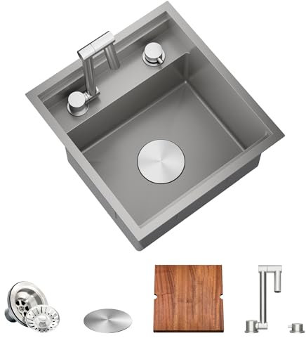 TORVA Chrom-Arbeitsstation-Unterbauspüle für Bar-Wohnmobilküche mit eingebautem faltbarem Wasserhahn – 16 Gauge Edelstahl, 40,7 x 43,2 x 22,9 cm