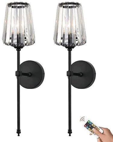Modern Wireless Wall Sconces Battery Operated Wall Lights Set of 2, Not Hardwired USB Rechargeable Wall Lamps, Dimmable Clear Glass Lighting Fixture for Bathroom Bedroom Vanity Living Room Hallway(Bla