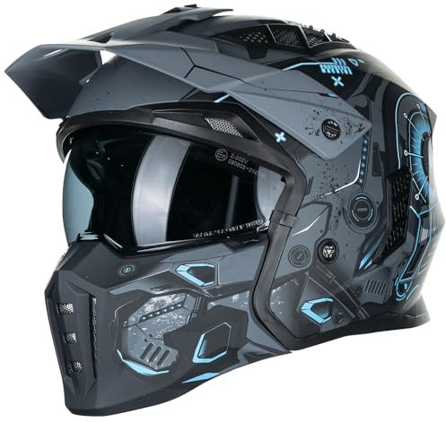 ILM Helm Motorrad Motocross Herren Damen Vintage Retro mit Visier ECE Model Z302,SciFiBlau,2XL