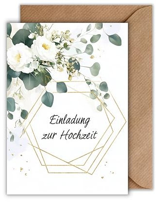 WBdesignz 10er Einladung Karte Hochzeit mit Umschlag - Einladungskarte zur Hochzeitsfeier Gold Eukaliptus Floral Pfingstrosen Schleierkraut Trauung Brautpaar Liebe Verlobung Hochzeitskarte (DIN A6)