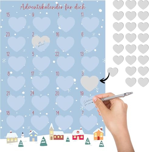 MC-Trend Adventskalender zum Rubbeln – selbst gestalten & beschriften, 24 silberne Rubbelfelder als Herz für eine kreative und persönliche Adventszeit Rubbel Adventskalender(XL_BLAU)