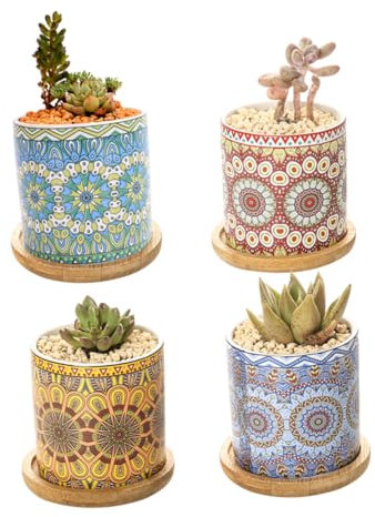 Yardwe Keramik Blumentopf 4 Stück mit Mandala Muster, Drainageloch