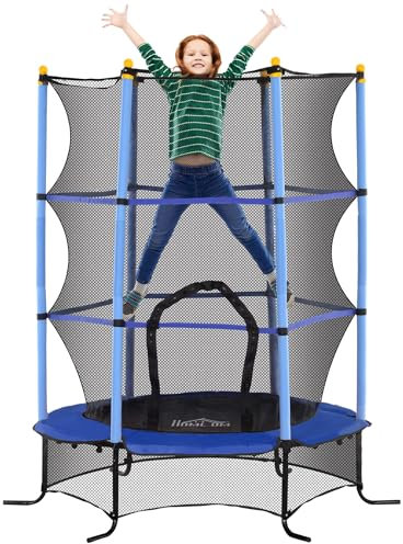 HOMCOM Trampolino Elastico per Bambini con Rete di Sicurezza, Tappeto Elastico con Pali Imbottiti per Interno ed Esterno, Età 3-10 Anni, Ø163x190 cm, Blu