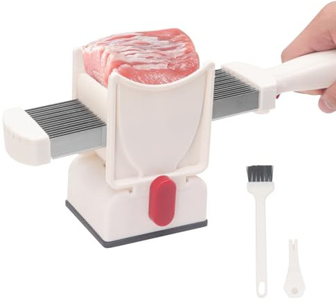 Beowanzk Meat Slicer, Manual Cleaver Knife, Multi-Functional Household Meat Cleaver, Stainless Steel Fresh Meat Cutter, Cutting Thicknesses of 2mm and 4mm, 17-in-1 Quick Release Knife Set (White)