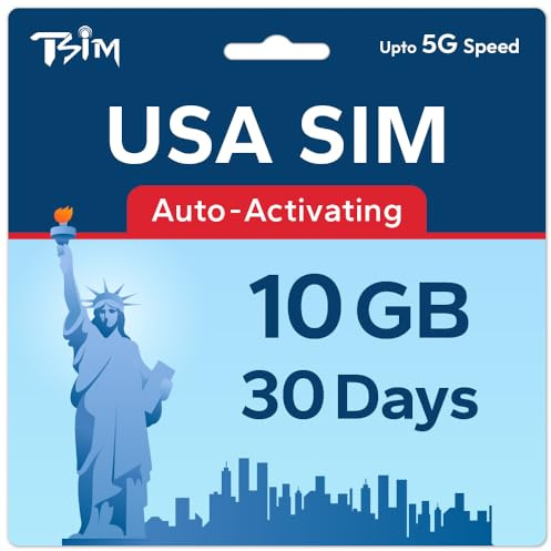 TSIM USA SIM-Karte 30 Tage 10GB | Hohe Abdeckung Multi-Operator-5G-Netzwerk | Automatische Aktivierung | Nachfüllbarer Plan | Hotspot erlaubt | Nur Daten