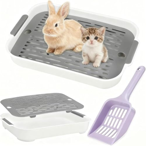 Kaninchen Toilette mit Schaufel, Kaninchentoilette 37 x 24 x 5 cm, Tablett Hasentoilette, Kaninchenklo, Kleintier Klo für Hasen Meerschweinchen Hamster，Weiß – mit Schaufel