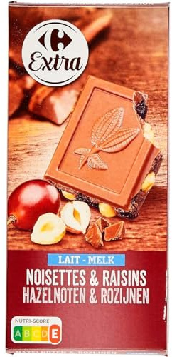 CARREFOUR EXTRA – Chocolat Lait Onctueux aux Noisettes et Raisins Gourmands, Tablette 200g - lot de 4 - Vendu par Lot